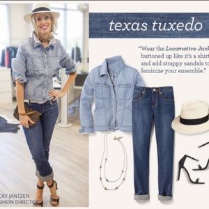 CAbi Locomotive Jean jacket pinstriped blue Sz L #5159